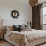 Linen printed custom curtains with blue floral create a retro style